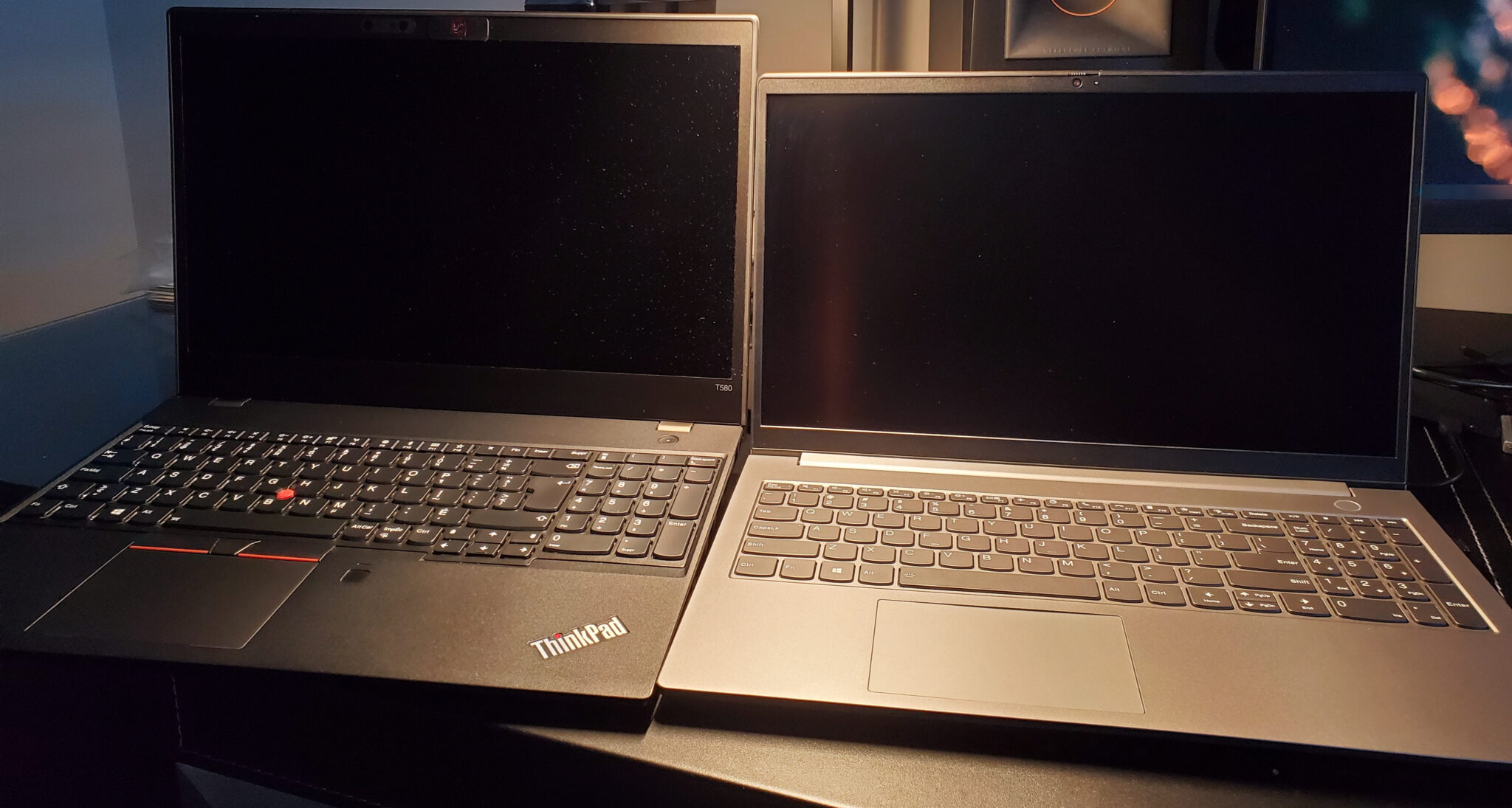 Lenovo T580 laptop (Intel) and Lenovo ThinkBook laptop (AMD)